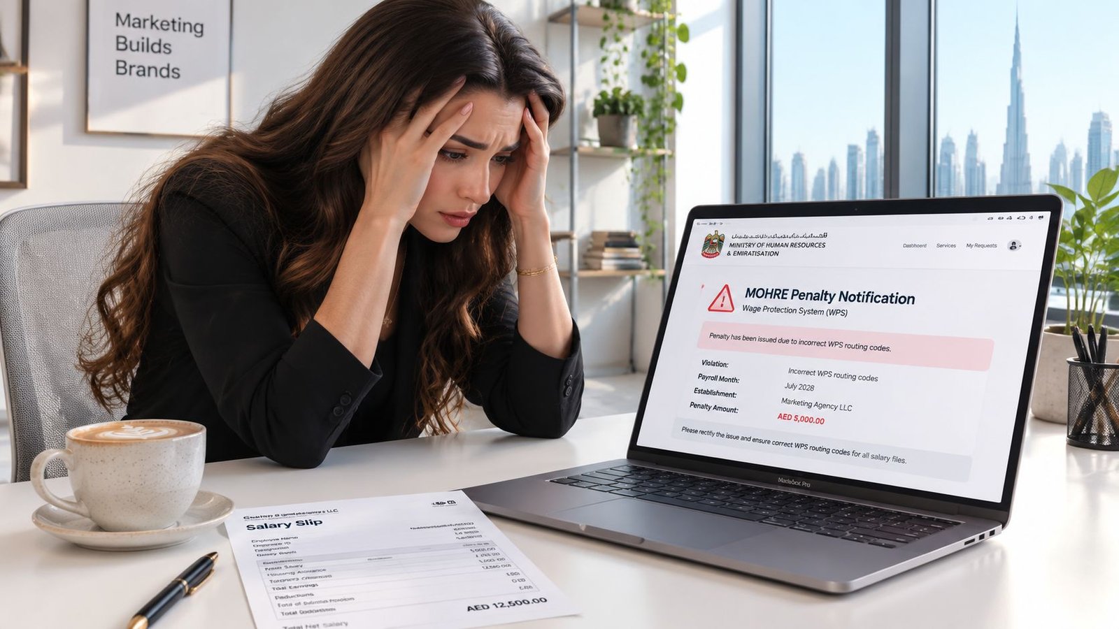 A distressed woman sits at a desk in front of a laptop displaying a MOHRE wage protection system penalty.