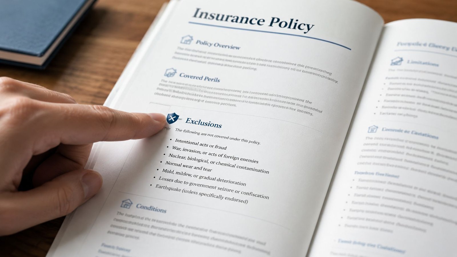 A close-up view of a person pointing to the exclusions section on an insurance policy document.