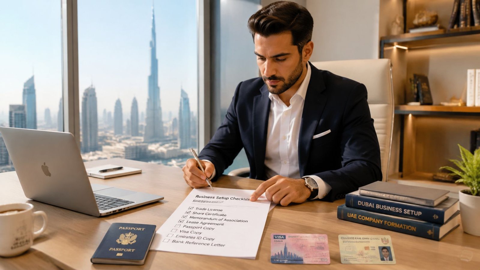 A professional businessman reviews a business setup checklist in his modern office overlooking the Dubai skyline.