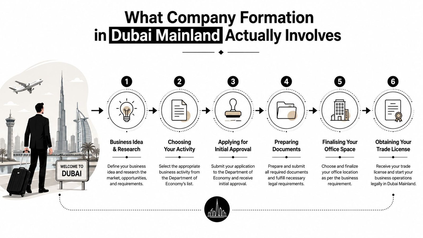 An infographic showing six steps for company formation in Dubai Mainland, from business idea to trade license.