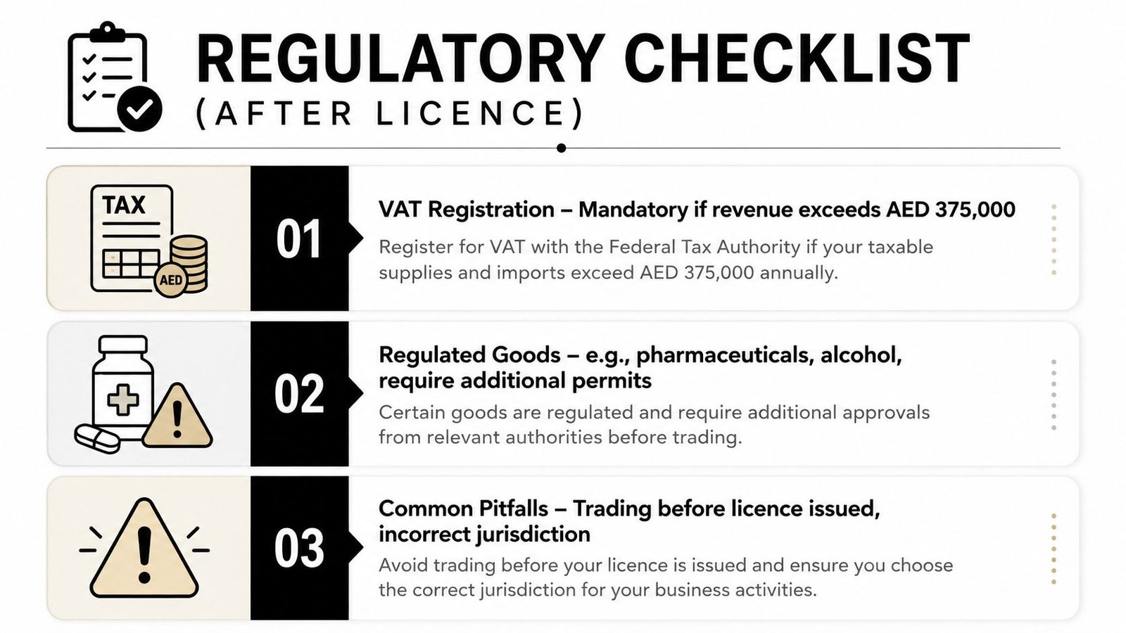 A regulatory checklist for businesses in the UAE showing VAT registration, regulated goods, and common trading pitfalls.