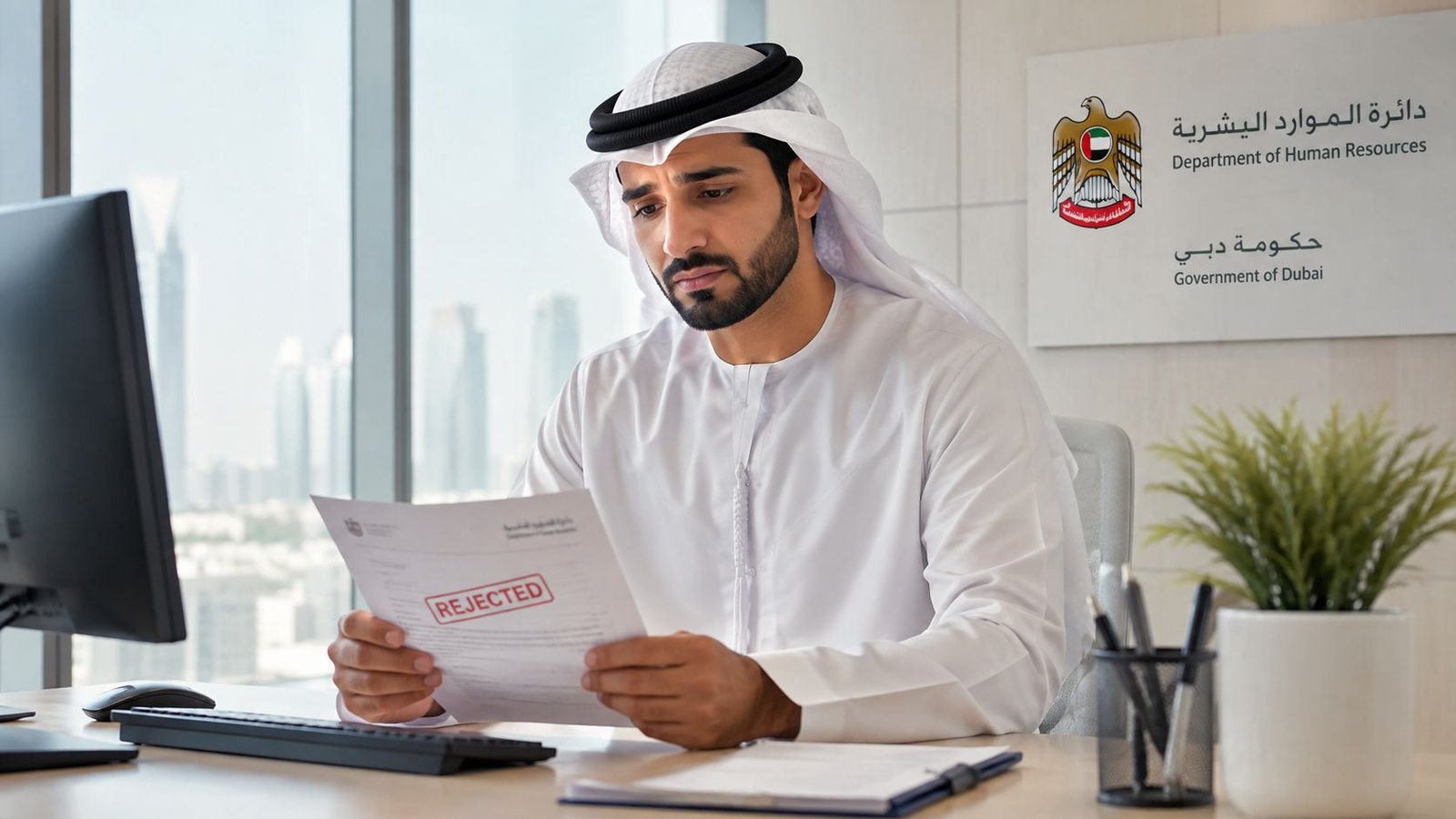 A concerned Emirati man in traditional clothing reviewing a rejected official government document at an office desk.