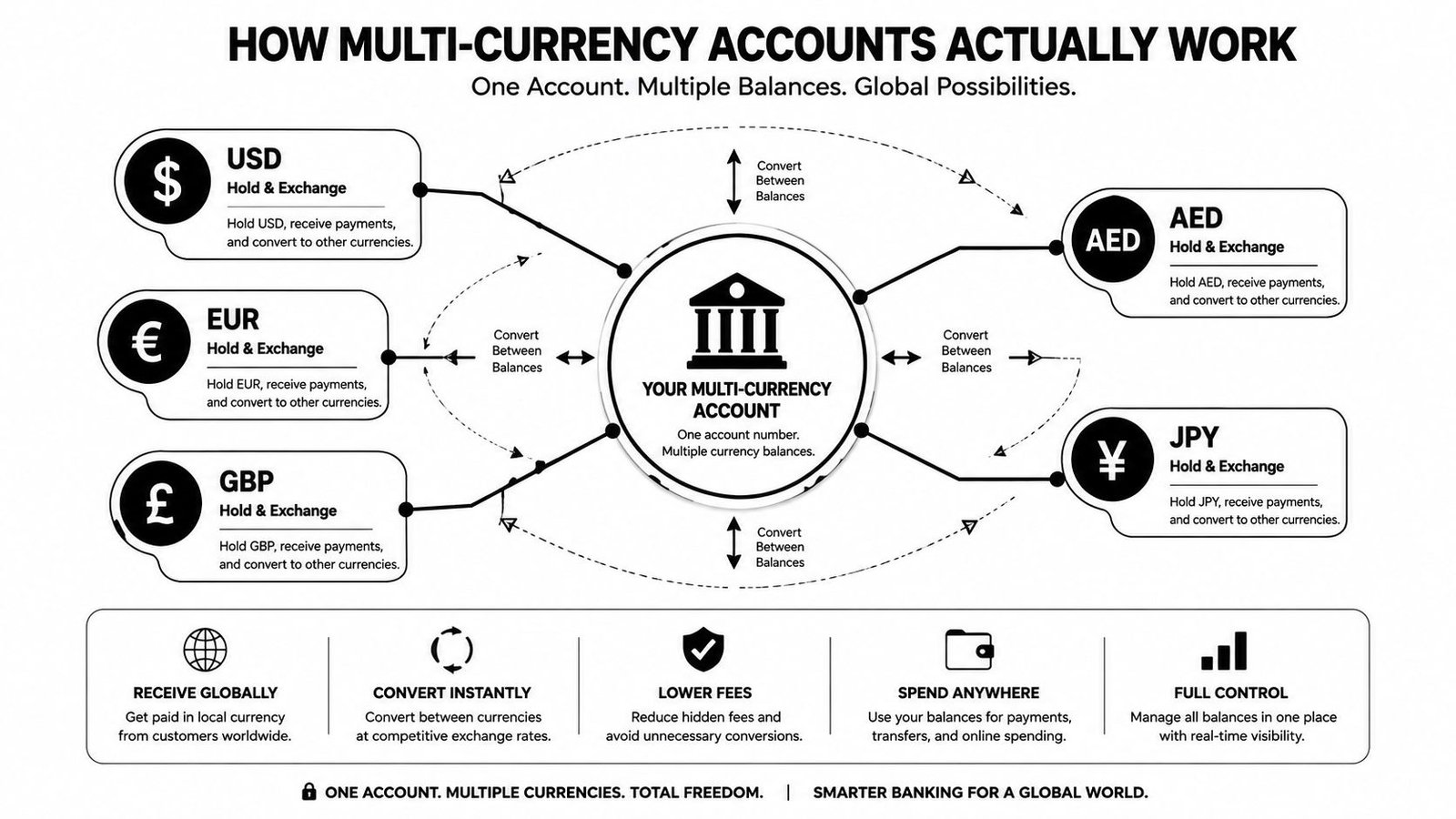 A diagram explaining how a multi-currency account works, showing centralized control over various international currency balances.