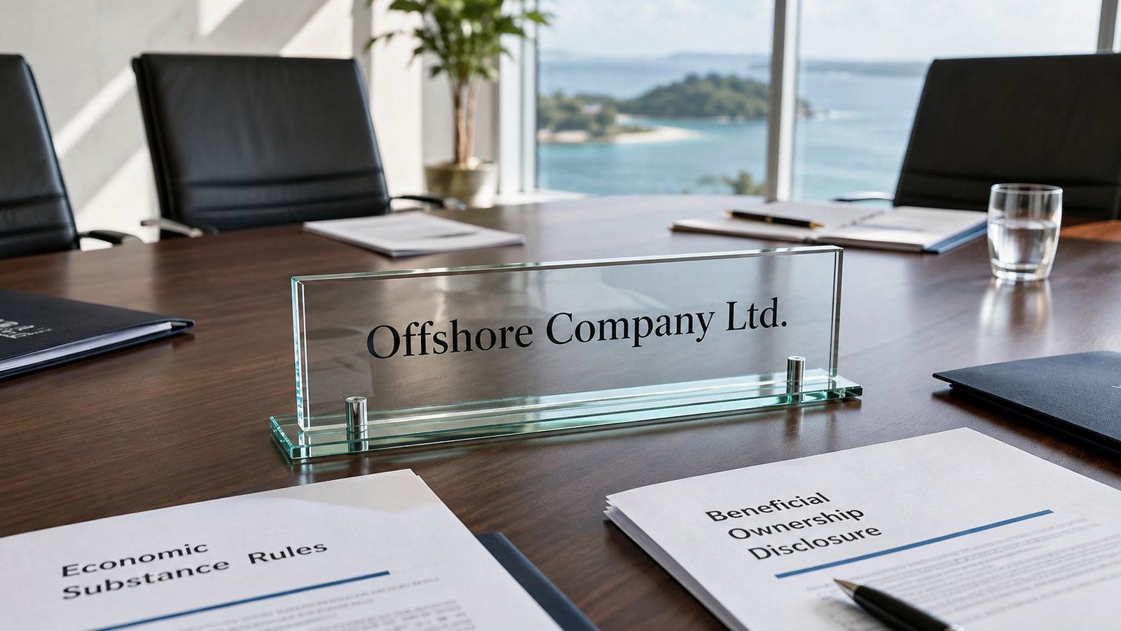 A professional glass sign on a boardroom table reads Offshore Company Ltd near legal compliance documents.