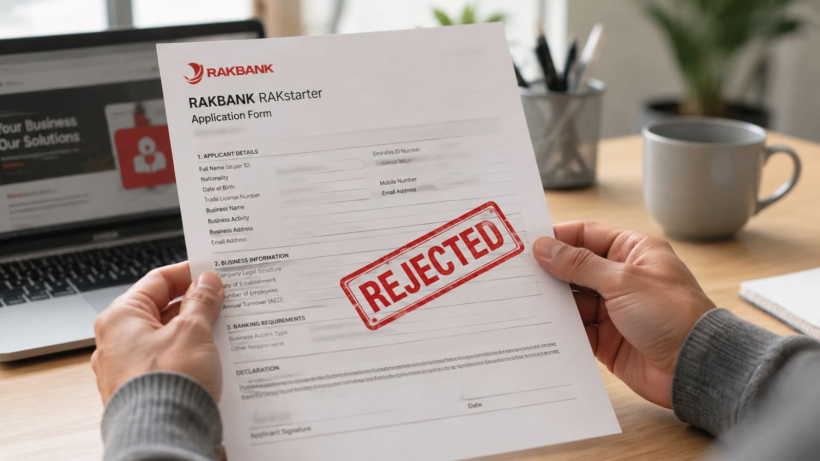 A person holding a RAKBANK business application form with a red rejected stamp visible on it.