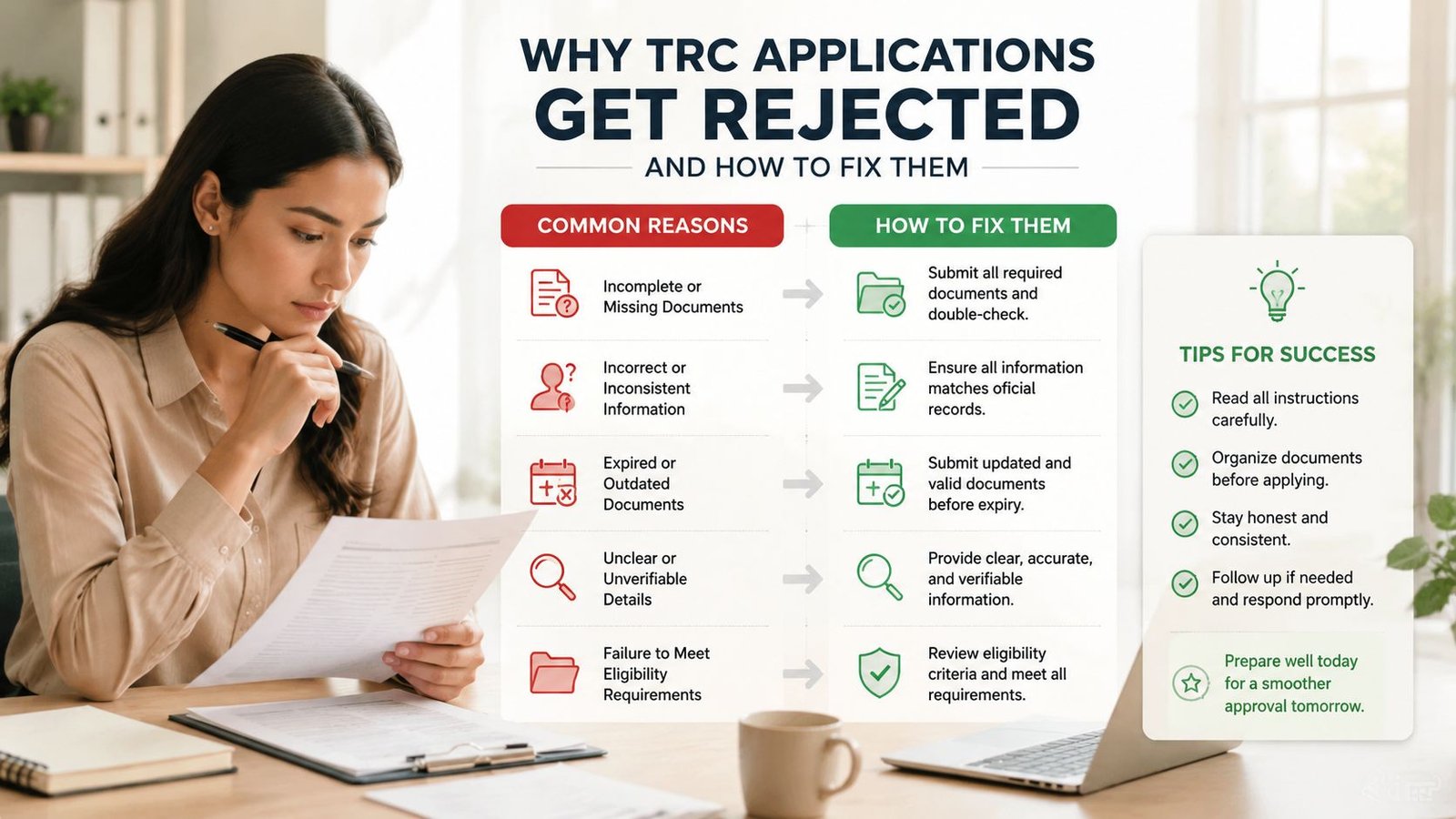 A woman reviewing documents to understand common reasons for TRC application rejection and how to fix them.