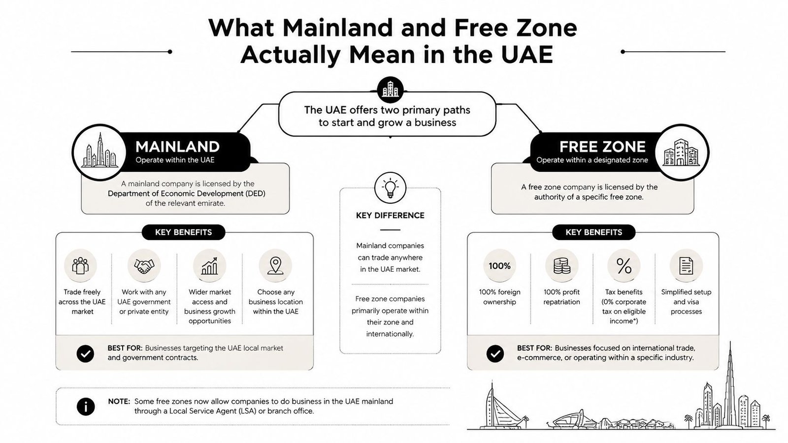 A comparison infographic explaining the differences between UAE Mainland and Free Zone business setup options.