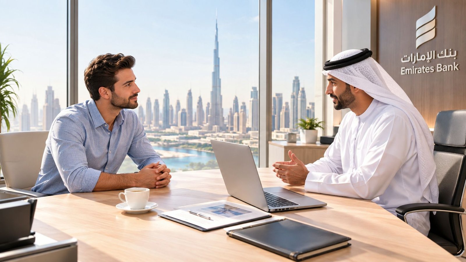 A professional business meeting between two men in a Dubai office overlooking the Burj Khalifa skyline.