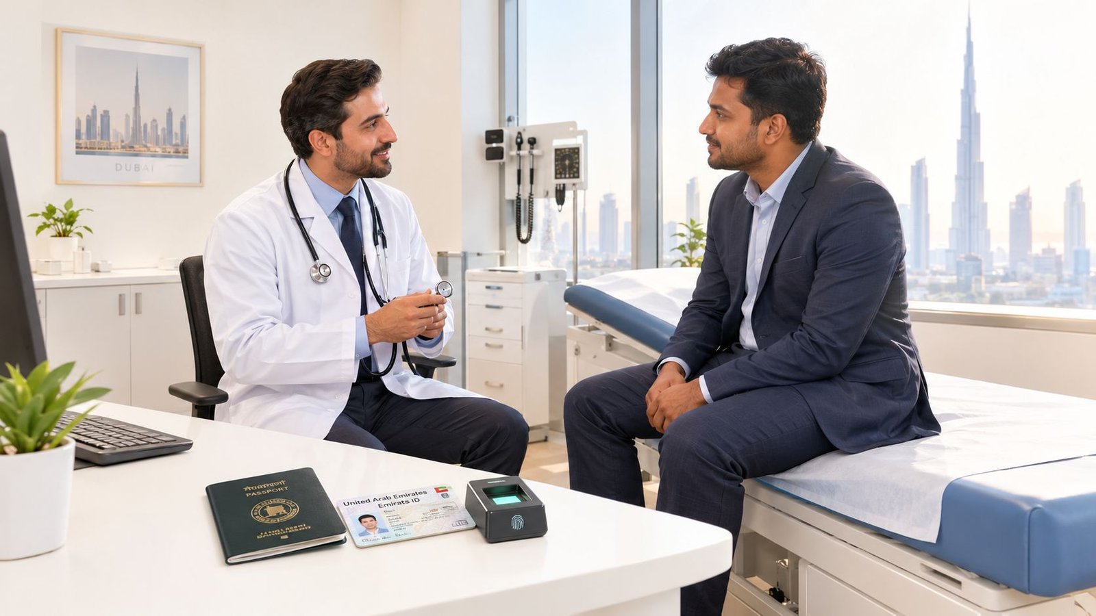 A doctor conducting a medical examination for a professional patient in a modern Dubai clinic office.