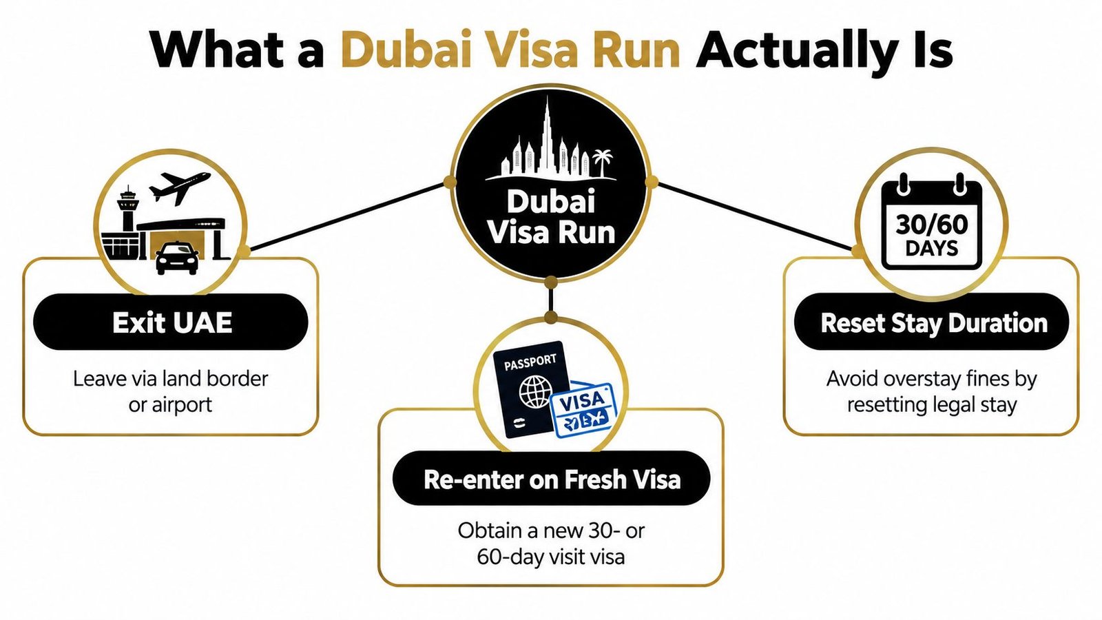 An infographic titled What a Dubai Visa Run Actually Is, illustrating the steps to reset a visa.