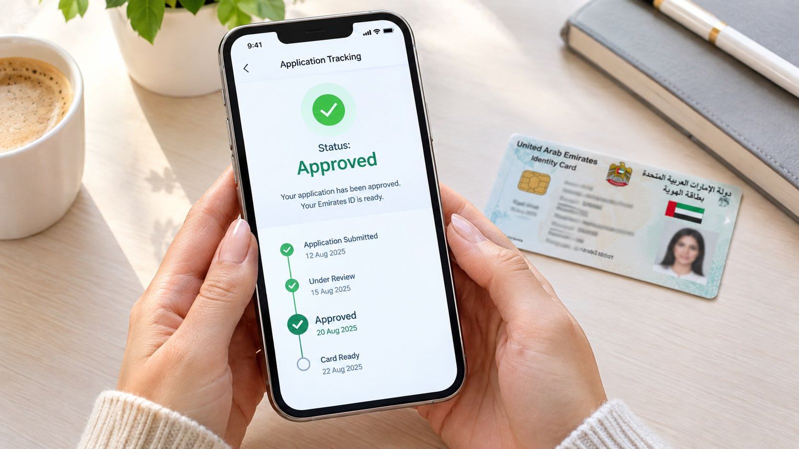 A person holding a smartphone displaying an approved Emirates ID application status alongside a physical ID card.