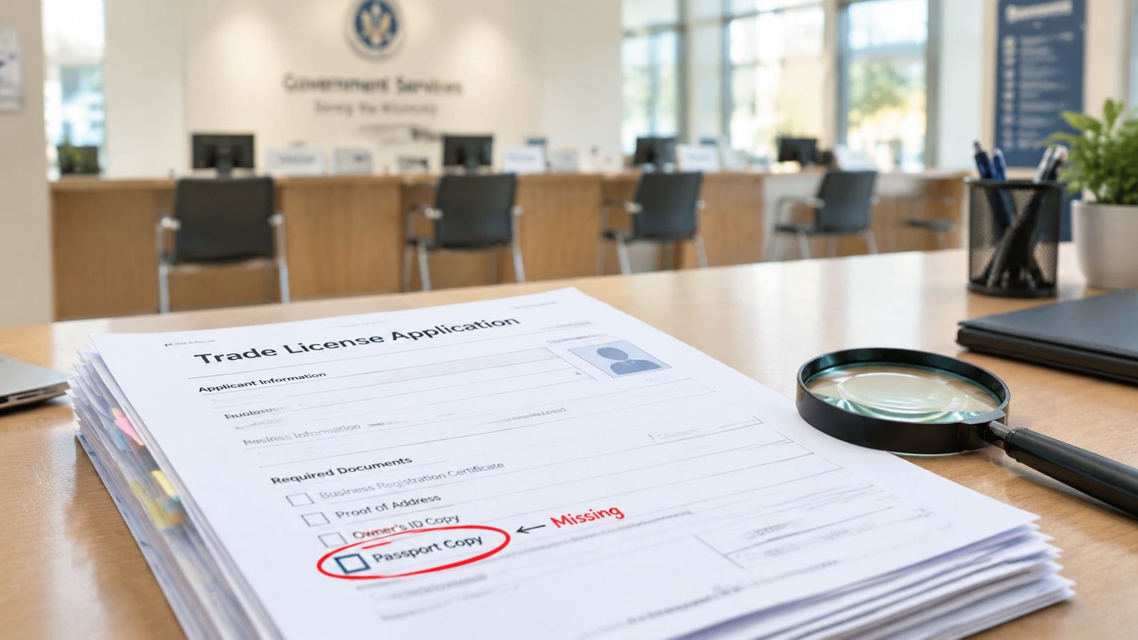 A stack of trade license application forms with a magnifying glass on a desk in an office.