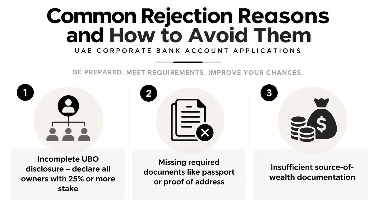 A graphic listing three common reasons for UAE corporate bank account application rejections for business owners.