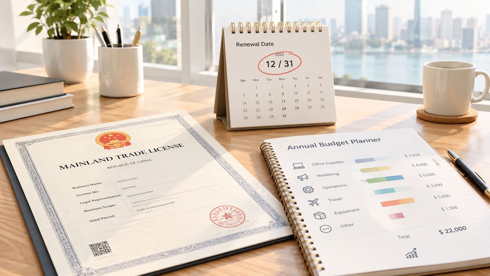 A professional desk featuring a Mainland Trade License document, an annual budget planner, and a 2025 calendar.