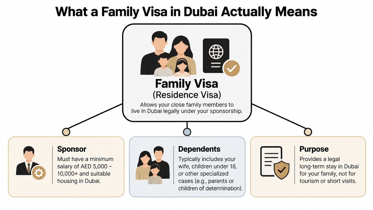An infographic explaining the requirements and purpose of obtaining a family residence visa in Dubai, UAE.