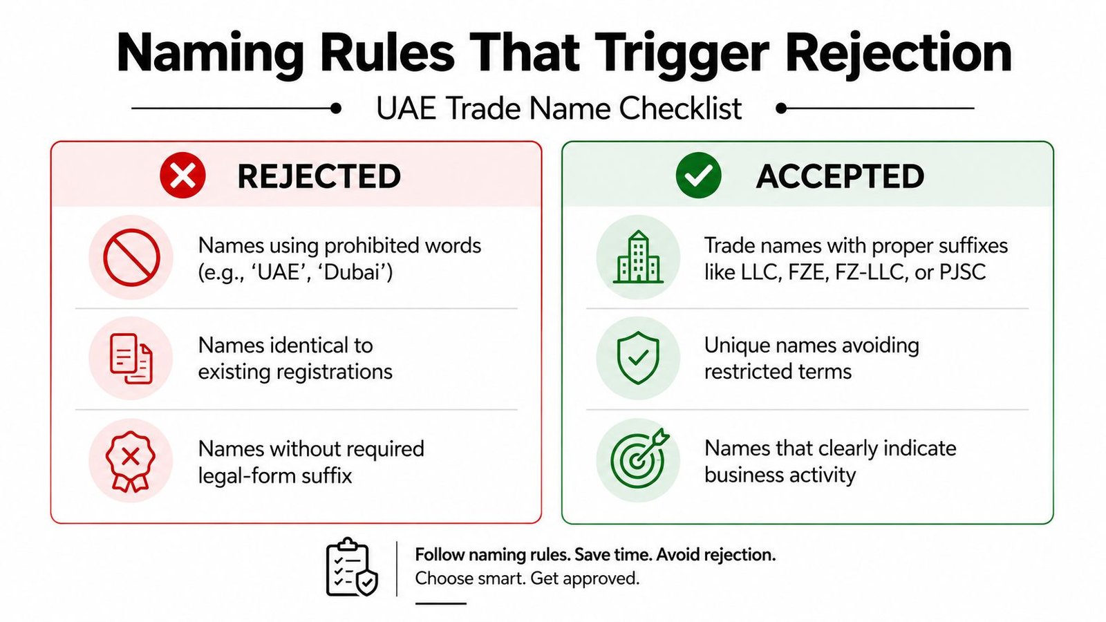A guide listing trade name naming rules for UAE business registration, comparing rejected and accepted criteria.