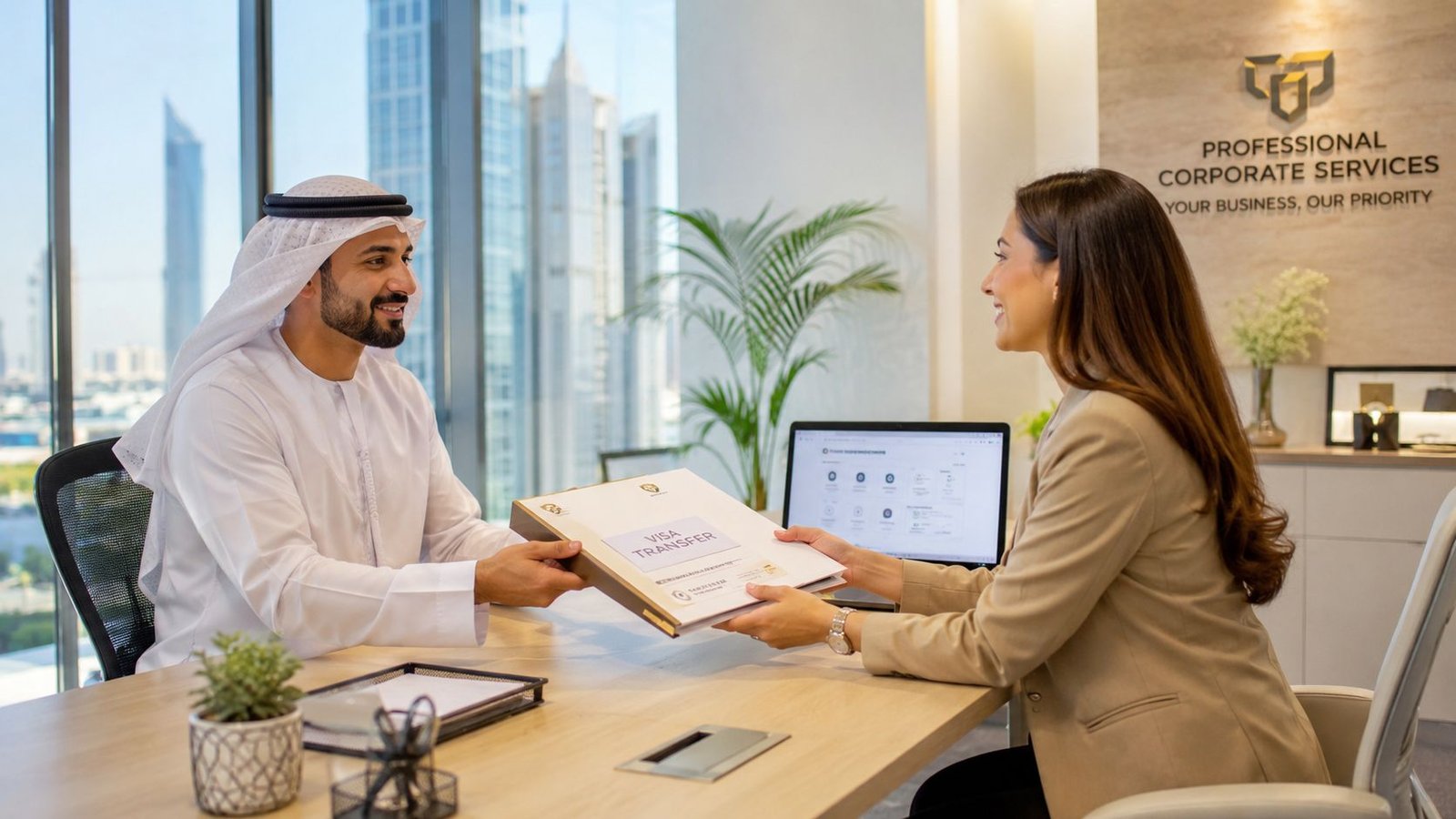 A professional man and woman exchanging a visa transfer document in a modern office with city views.
