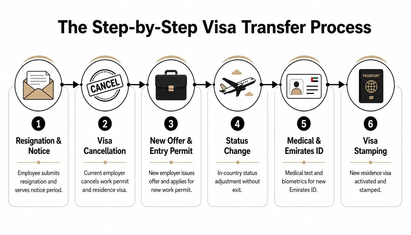 A step-by-step infographic illustrating the professional visa transfer process in the UAE for employees changing jobs.