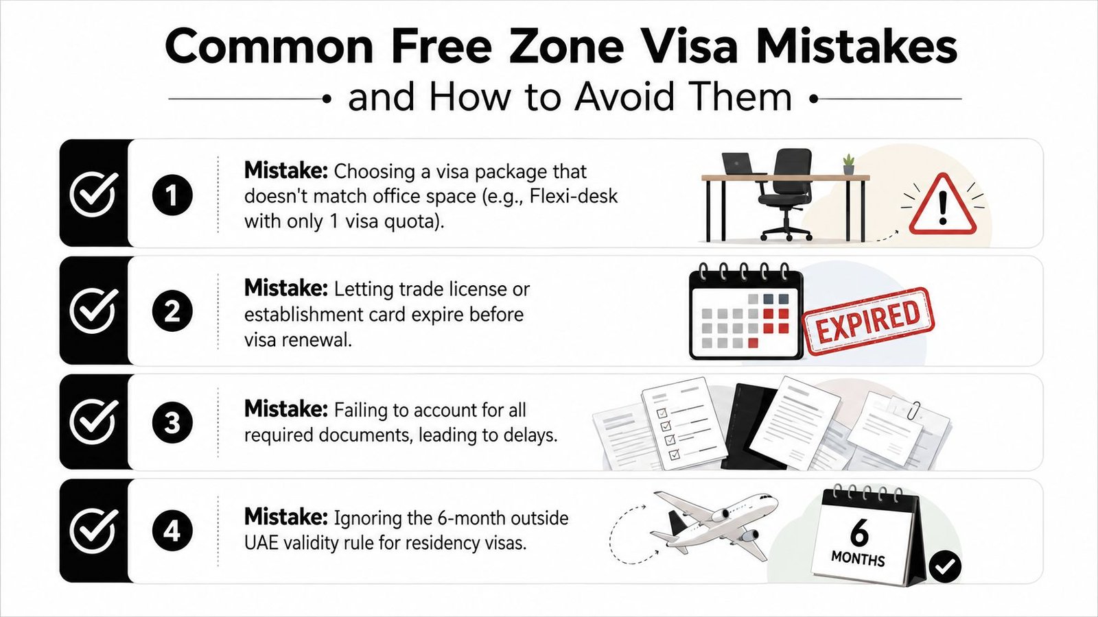 An infographic showing four common mistakes to avoid when obtaining a UAE free zone residency visa.