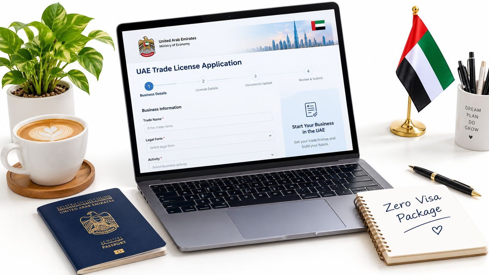A laptop showing a UAE trade license application form on a desk with a passport and flag.