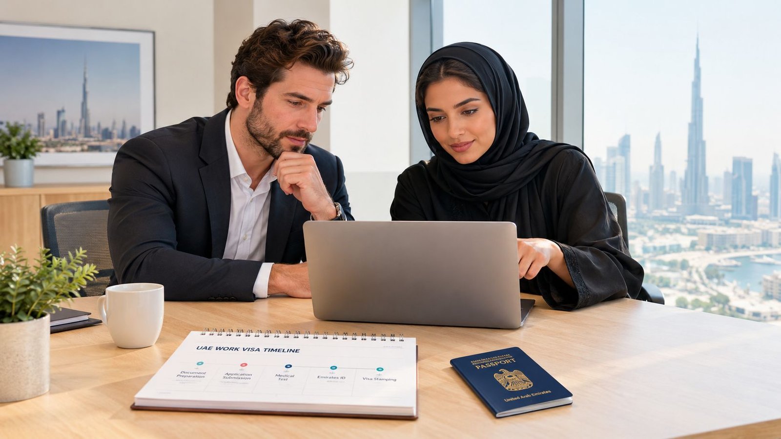 A professional man and woman in an office discuss UAE work visa documents with a laptop and passport.