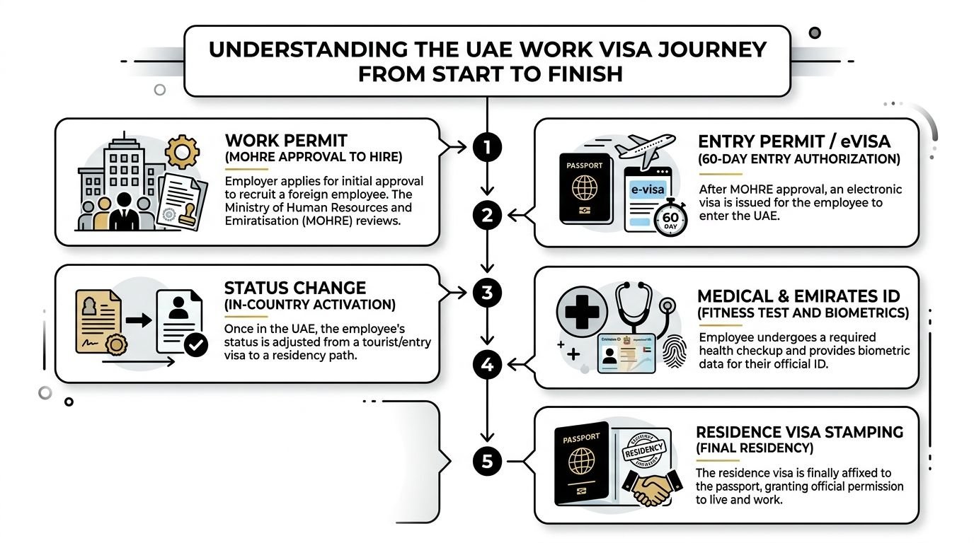 A flow chart illustrating the five-step process for obtaining a work visa in the United Arab Emirates.