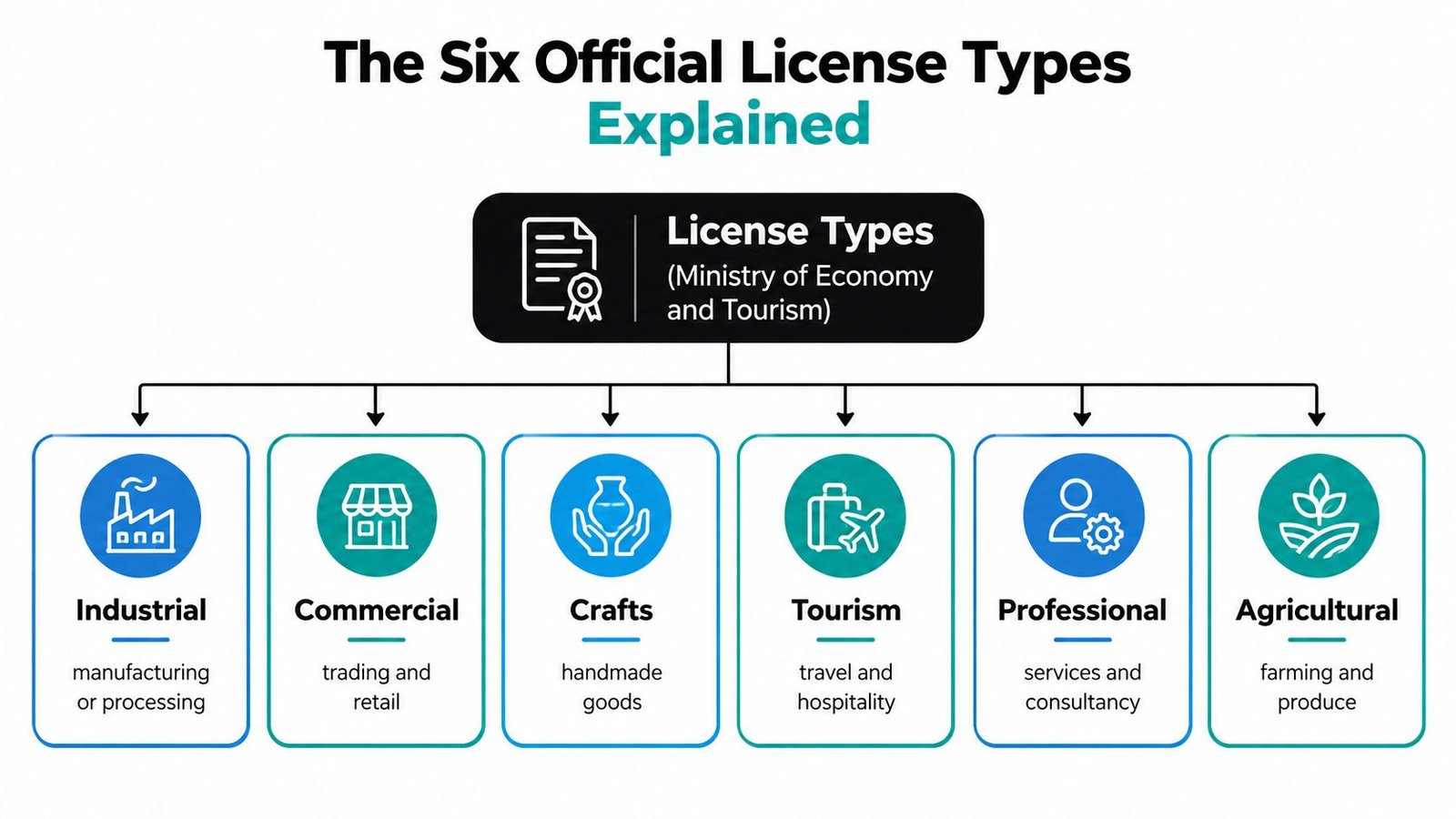 A diagram illustrating the six official business license types provided by the Ministry of Economy and Tourism.