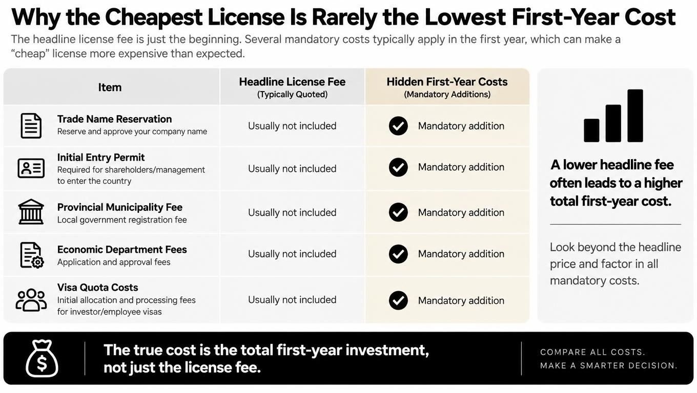 A table outlining various mandatory business license fees that contribute to total first-year costs beyond the quoted price.