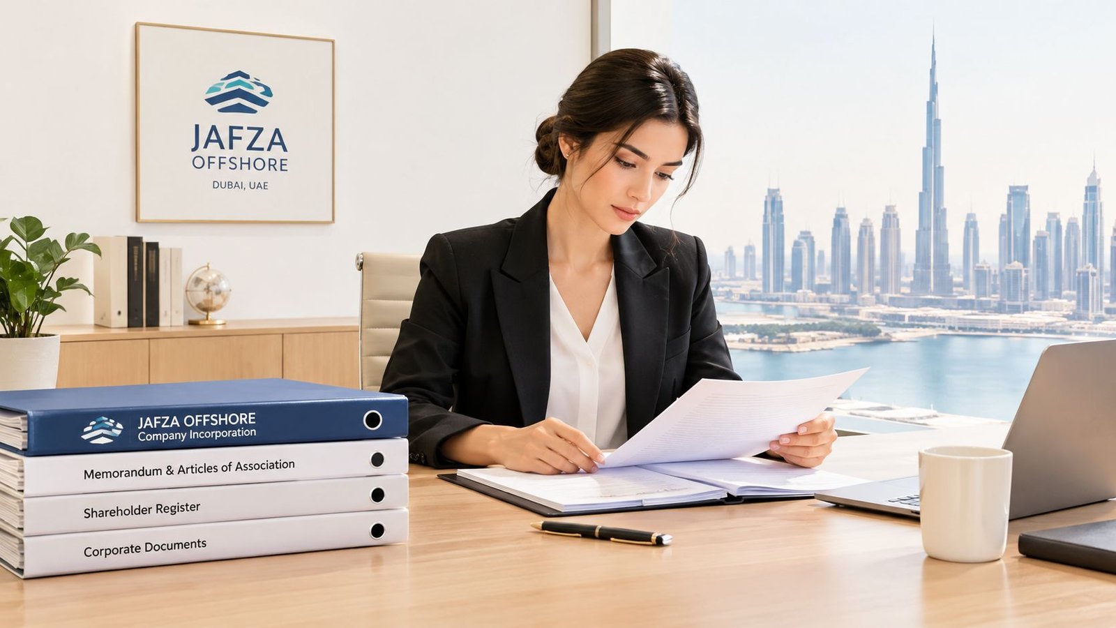 A professional woman in a business suit reviewing company incorporation documents at a desk in Dubai.