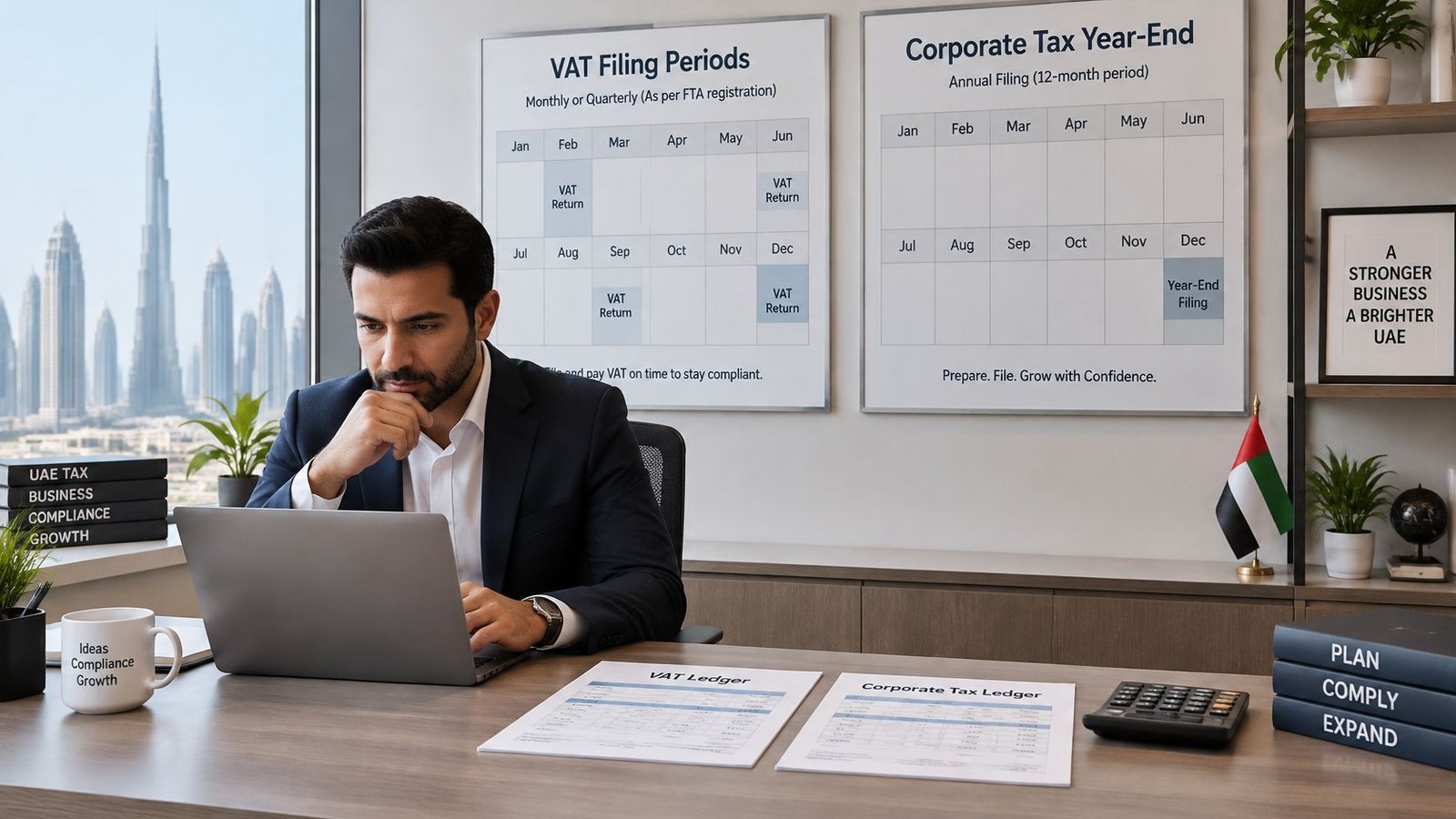 A professional man works on his laptop in a modern Dubai office, reviewing UAE tax compliance documents.