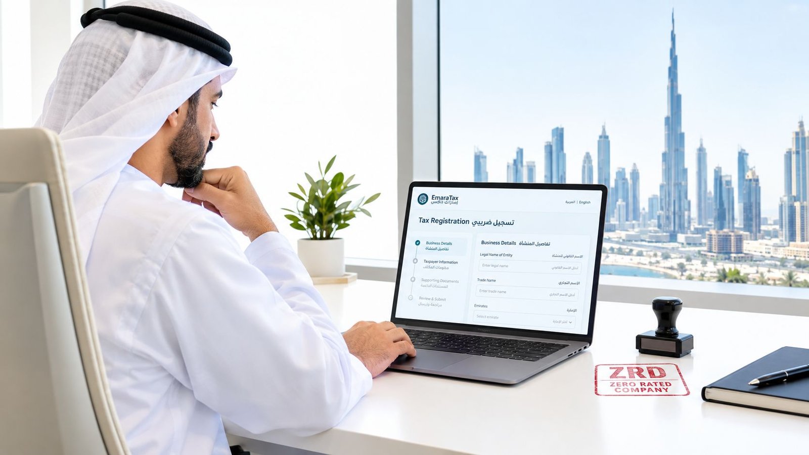 A man in traditional Emirati clothing working on an EmaraTax registration form on his laptop.