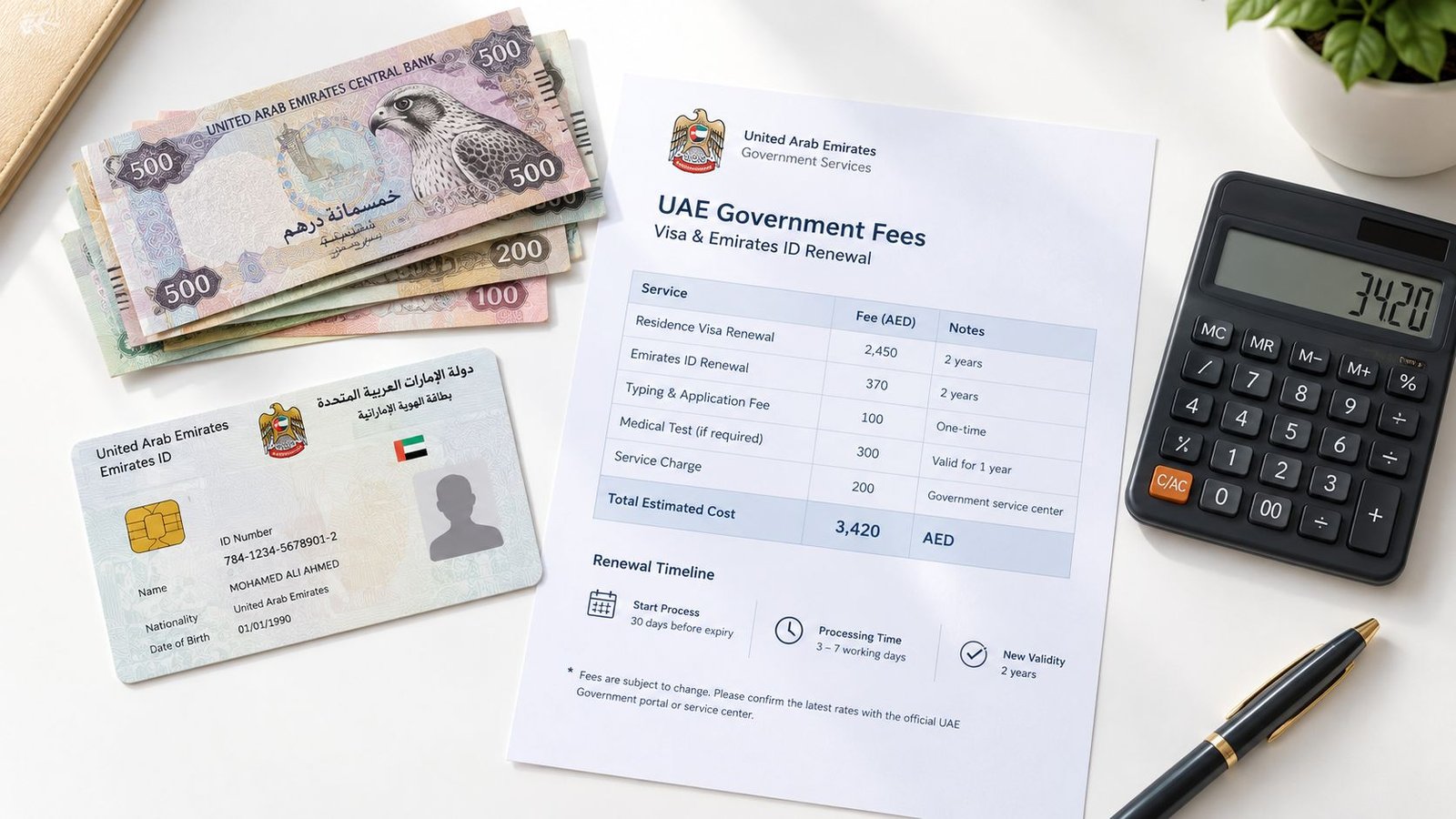 A document displaying UAE visa and Emirates ID renewal fees alongside UAE currency, a calculator, and ID.