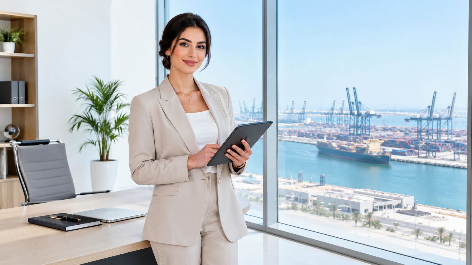 A professional woman in a business suit holding a tablet inside a modern office overlooking Jebel Ali port.