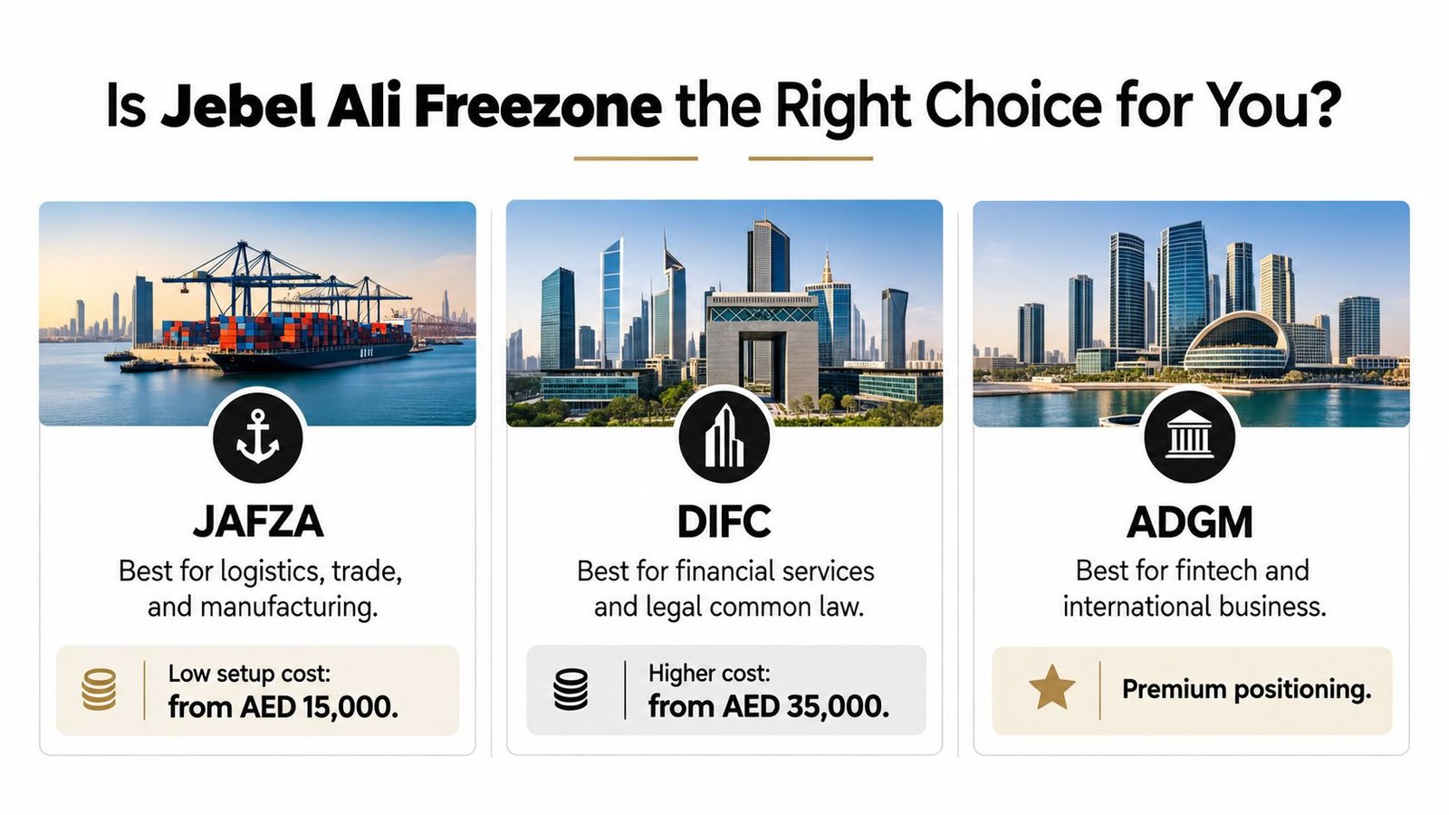 A comparison infographic featuring JAFZA, DIFC, and ADGM free zones in the UAE, detailing their industry focuses.