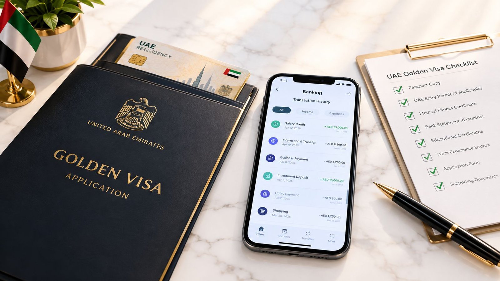 A UAE Golden Visa application folder, a residency card, a phone showing banking transactions, and a checklist.