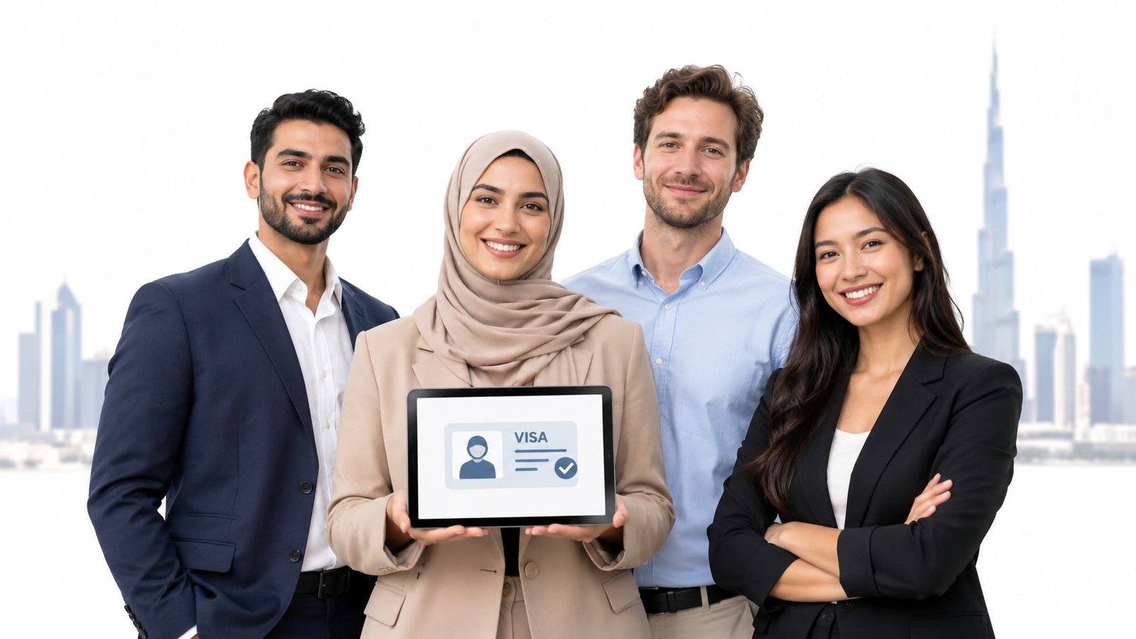 A diverse professional team standing in front of the Dubai skyline holding a tablet with visa documentation.