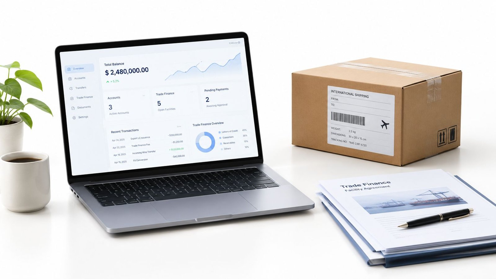 A laptop displaying a trade finance dashboard next to a cardboard shipping box and business documents.