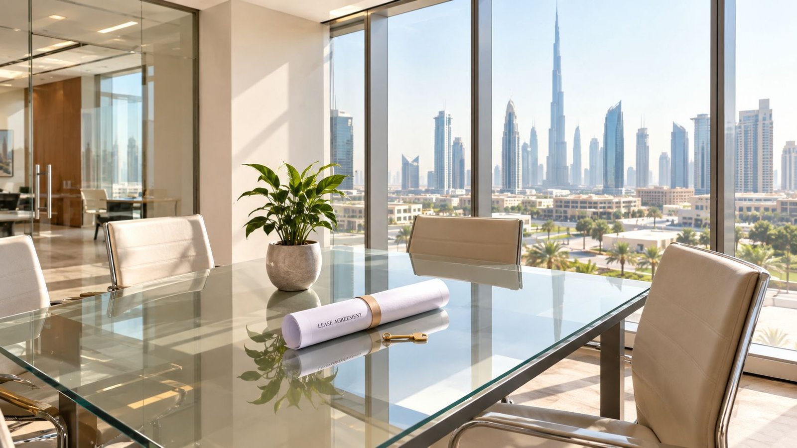 A modern office boardroom table with a lease agreement and key overlooking the Dubai skyline.