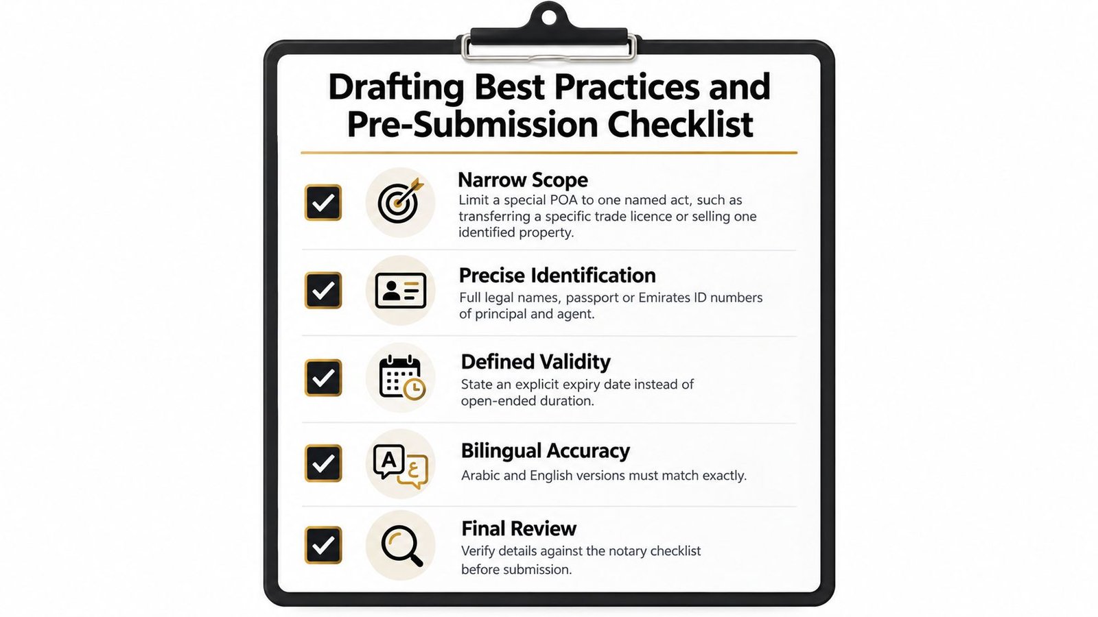 A checklist for drafting a power of attorney, outlining best practices for legal document preparation.