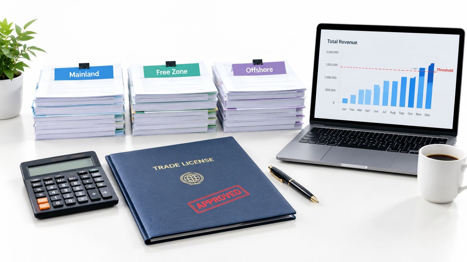 Stacks of financial documents for Mainland, Free Zone, and Offshore businesses with a laptop showing revenue charts.